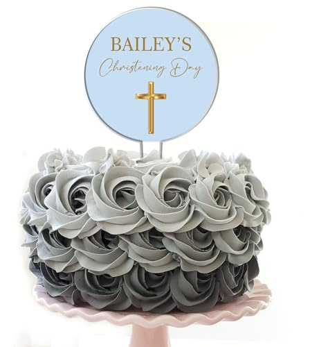 Personalised Acrylic Cake Topper for Christenings Confirmations Holy Communions – Custom Child’s Name in 7 Colours with Gold Cross Design (Christening Day, Blue)