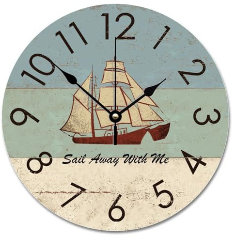 Guangpat Orologio da parete da 25,4 cm con barca a vela nautico vintage nave grande orologio da parete in legno a batteria casa colonica capannone decorazione soggiorno regalo per uomo, donna, amico
