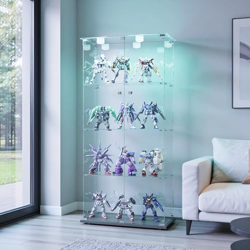 QMTXBYJ Glasvitrine Standvitrine mit LED-Klopflicht,4 Lagen Glas Holz Vitrine mit 2 Türen und Schloss, Sammlervitrine Vitrinenschrank aus Gehärtetes Glas, Glasvitrine Stehend für Wohnzimmer