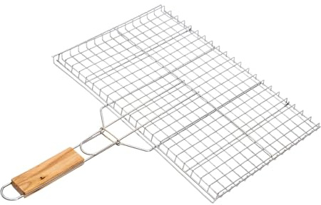 TheOwnas Portable Barbecue Grill Basket – Stainless Steel BBQ Grilling Basket with Wooden Handle - Foldable Grill Mesh Clamp for Fish, Vegetables, Steak & Shrimp (25x38cm)