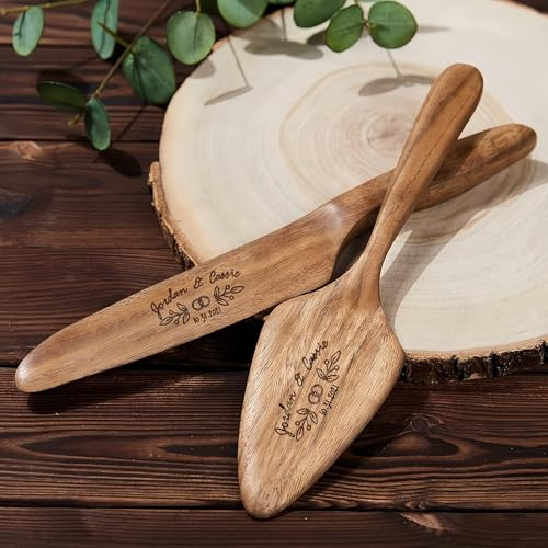 MEIEG Juego De Cuchillos Y Servidores For Tartas De Boda Personalizados con Nombre Tallado, Juego De Madera Cortar Tartas De Boda, Cortadores Personalizados, Regalos Cumpleaños Y Aniversarios