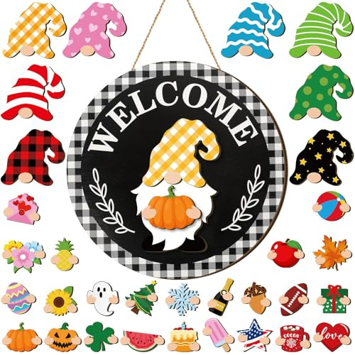 Halloween Wichtel willkommensschild haustür,Weihnachts-türdeko,30 magnetischen Hüte und saisonale Motive, DIY Dekoration für Haustür, Veranda und Wand, Willkommensdekoration (J)