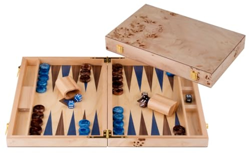 Engelhart-250552 – Backgammon Holz 15 Zoll (38 cm) Luxus Koffer Maserholz Walnuss-Inlay – Offen 48 × 38 cm – Blau/Braune Steine – Würfel & Becher – Klassisches Brettspiel