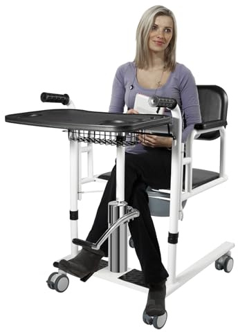 Hydraulischer Toilettenstuhl mit Rädern, Patientenlifter für Senioren 150kg， Höhenverstellbarer Duschstuhl & Toilettenstuhl Fahrbar mit Tischplatte Ideal für Zuhause und Pflegeheime