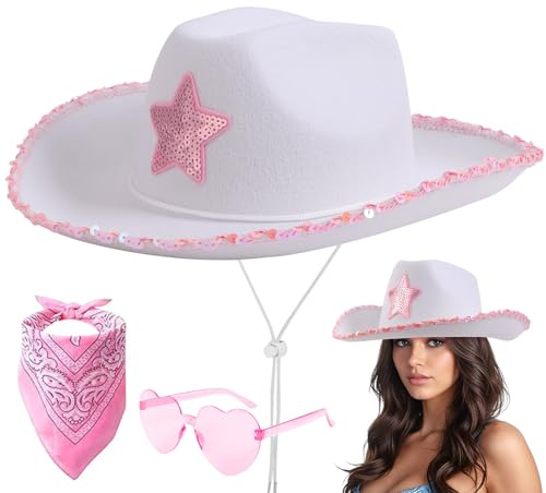 Aomig CowboyHut Damen Herren Fashion Westernhut Cowboyhüte Cowgrilhut-A | Rockstar Randlose Hippie Herzförmige Brille Halstuch Wilder Westen Party Geburtstagsfeier Fasching Karneval Kostüm Party