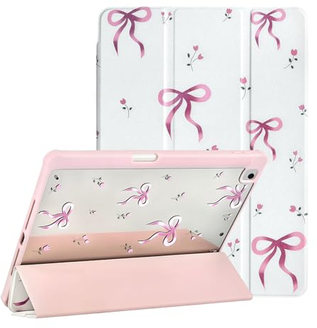 Fycyko Compatible with iPad 10.2 Inch Case, iPad 9th/8th/7th Generation 2021/2020/2019 Aesthetics Bow Flower Print Design with Pencil Holder Shockproof Flexible TPU Protective Cover,Bowknot