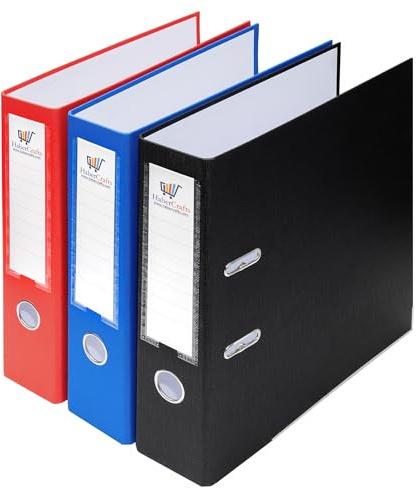 A4 Lever Arch Files 3 Pack Assorted Colors (Black Red Blue) Durable Plastic on Board, Locking Mechanism, Replaceable Spine Labels, Ring Binder, Office File Organizer (3 Pack)