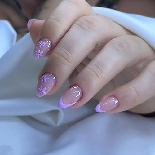 30 Stück lila Blumen-Press-on-Nägel, kurze Mandelform, künstliche Nägel mit französischen Spitzen, florales Design mit Strasssteinen, Nude-Nägel für Frauen und Mädchen, Maniküre-Dekoration.