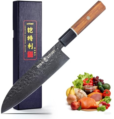 Kitory Japansk Santoku-kniv 17 cm, ultravass professionell kökskniv i 4Cr13MoV-stål med handtag av svart trä och röd gummiinsats