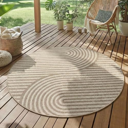 SIMPEX Outdoor Teppich Rund 120 cm Beige Wetterfest UV-beständig Pflegeleicht Skandi Boho Design für Balkon Terrasse Garten Wohnzimmer