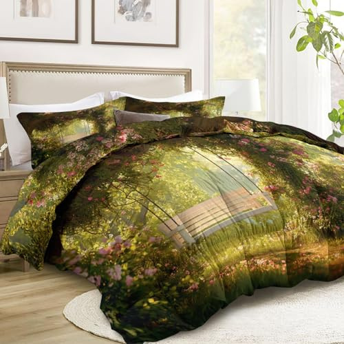 Srigzcaly 4 Jahreszeiten Bettdecke 135x200 cm, Wende Traumhafter Rosenbogen Schaukel Steppdecke Waschbare - Bettdecke ohne Bezug Nutzbar - Weiche Schlafdecke - Grün Ganzjahresdecke mit 2 Kissenbezug