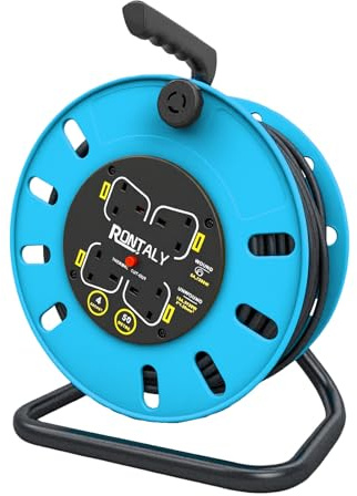 （50M Four Socket Open Cable Reel Extension Lead with Winding Handle, | Thermal Cut Out and Power Switch, 50 Metres High Visibility Cable, Blue