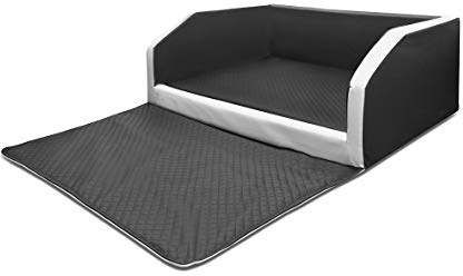 Mayaadi-Home Premium hundsäng – 90 x 70 x 38 cm | Högkvalitativ bilstol för din hund | bilhundsäng med skyddsfilt, bagageutrymme säng av konstläder | Travel Duo svart-vit – S