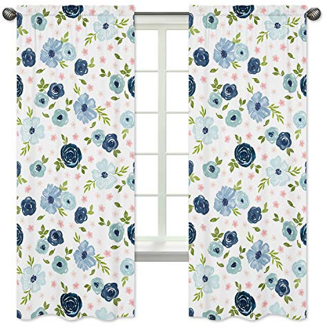 Sweet Jojo Designs Navy Blue and Pink Watercolor Floral Window Treatment Panels Curtains - Set of 2 - Blush, Green and White Shabby Chic Rose Flower
