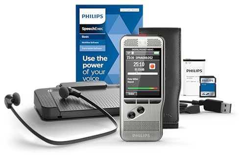 Philips PocketMemo Recorder Dictation and Transcription Set SpeechExec Dictate Transcribe DPM7700/03 Slide Switch Button Professional Dual Microphone Footswitch Headphones Rechargeable Battery COlo