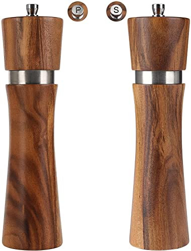 Wood Salt and Pepper Grinder Set, Acacia Wood Salt and Pepper Shaker Mill kit Manual with Adjustable Coarseness, Tableware Gifts,8 inch 2pcs/ Pack (Salt and Pepper Mill Set of 2)