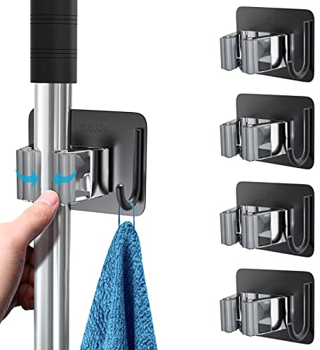 homeasy Mop Broom Holder, Stainless Steel Wall Rack, 4 Pcs, Black Mix | 4 pcs self adhesive mop holders with hooks, waterproof stainless steel rack for bathroom, kitchen, garage and garden storage