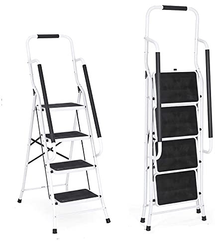Escaleras multifunción, Escalera de Peldaño Plegable de 4 Peldaños con pasamanos, Peldaño Plegable de Acero Robusto con Seguridad Antideslizante, Escalera 4 peldaños Extra Anchos, Capacidad de 150 kg