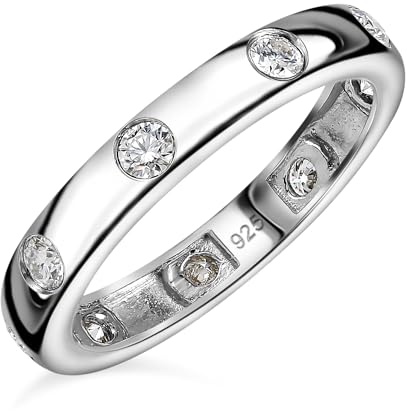 TJC Moissanite Band Ring for Women in Platinum Plated 925 Sterling Silver Size N Flush Setting Metal Wt. 3.25 Grams