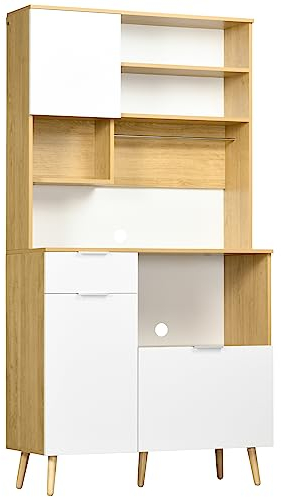 HOMCOM Alacena de Cocina Despensa Armario de Cocina Aparador Alto con 3 Puertas Cajón Estante Ajustable Encimera para Microondas y Toallero 93x40x180 cm Natural y Blanco