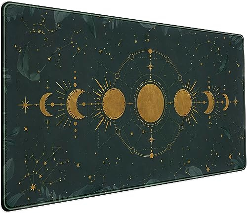 Dark Academia Tapis de souris XXL, Phases de lune dorée, grand tapis de souris étendu pour gaming, ordinateur portable, clavier et souris, sous-main avec base en caoutchouc antidérapante et bords