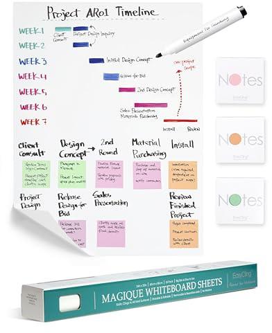 Easycling Magique - Lámina autoadhesiva para pizarra blanca con 25 hojas, 1 rotulador y 3 juegos de notas, para todas las superficies duras, se adhiere sin pegamento ni imanes, 60 x 80 cm, 7,5 x 7,5