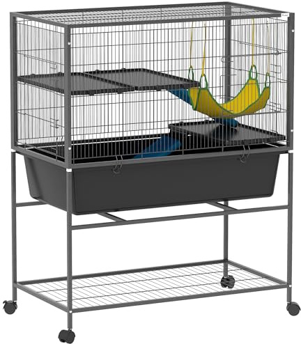 PawHut Jaula Grande para Hurones de 3 Niveles Jaula para Conejos con Ruedas Rampas Hamaca y Bandeja Extraíble Jaula para Animales Pequeños Roedores Chinchillas 88x48x102 cm Gris Oscuro