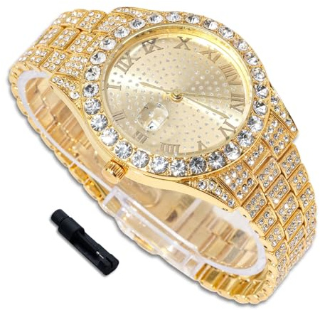 richhut Lyxig diamantklocka för barn tonåringar - Iced Out Bling 18K/Platinum guldpläterad - rund urtavla 43 mm armband 20,5 cm - justeringsverktyg ingår - valfritt med kubansk kedja, 18k guldklocka