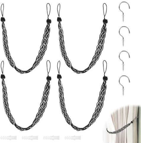 4 Pezzi 60cm Fermatende per Tende, Nero Ferma Tende, Fermatende per Tende Intrecciati a Mano, Accessori Decorativi per Casa e Ufficio, Adatti per Soggiorno e Camera da Letto