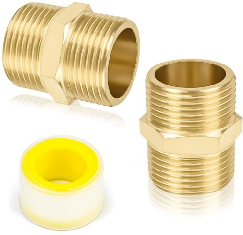 NISENTIA Doppelnippel Messing 1/2 Zoll (Ø 20mm) Außengewinde, 2 Stück Doppelnippel Sechskant G1/2 AG/AG, Messing Gewindefitting Fittings für Heizung Trinkwasseranlage Sanitär Heimwerkerprojekte