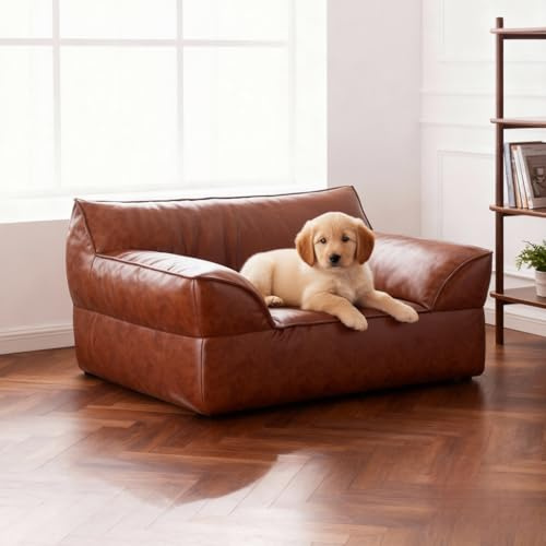 CinderWick Frameless Dog Bed Sofa, Brown Faux Leather - Soft & Comfortable, Brown, 80x63x40cm