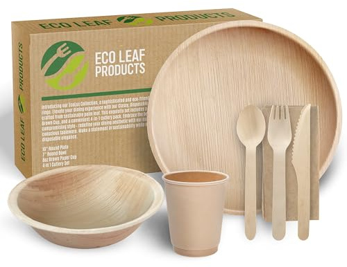 ECO Leaf 175 Pcs Disposable Palm Leaf Dinner Set | 25 X 10 Round Plates, 7 Round Bowls, 8oz Bamboo Paper Cups, 4 Wooden Cutlery Set | Eco-Friendly, Biodegradable Heavy-Duty for Wedding, Party