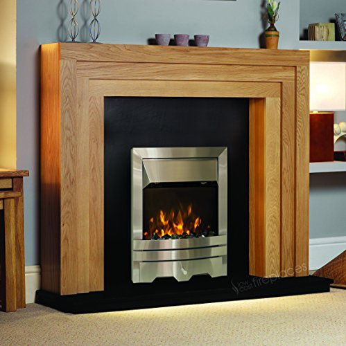 Electric Oak Wood Surround Black Hearth & Back Panel Modern Silver Flame Fire Wall LED Fireplace Suite 48