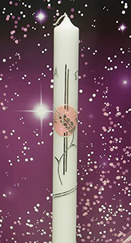 Taufkerze Kommunionkerze KW-JO-C112 Silber/Rosa inkl. Tropfschutz und Beschriftung