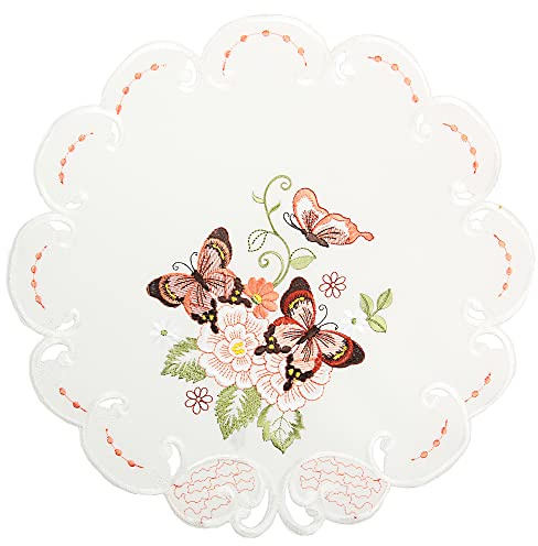 Quinnyshop Papillon Rose Printemps Broderie Nappe Napperon env. 40 cm Rond Polyester, Blanc