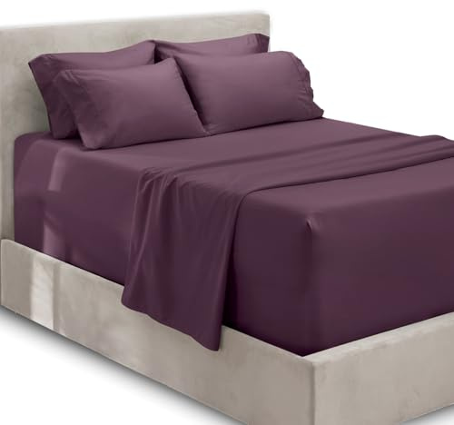 Hearth & Harbor Fits Mattress up to 21, Double Brushed Bedding Sheets & Pillowcases, Microfiber, Eggplant, Queen