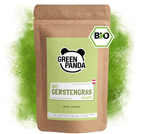 GREEN PANDA Bio Gerstengras Pulver aus Österreich für Gerstengras Saft, grüne Smoothies, Super Green Pulver Shakes, Chlorophyll zum Trinken wiederverschließbarer Beutel 500g