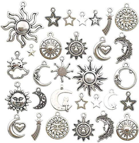 Chandler 80pcs/Set Craft Supplies Mixed Small Antique Silver Sun Moon Stars Charms Pendants for Crafting, Jewelry Findings Making for DIY Necklace Bracelet