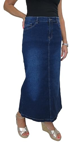 icecoolfashion Maxi Jupe Longue en Jean pour Femme Denim Très Extensible Bleu foncé délavé 38-50 (42)
