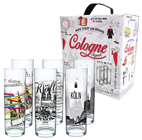 3forCologne Vasos de cerveza Kölschglas, pack de 6 unidades, 0,2 ml, barras de Colonia con texto en alemán, vasos de cerveza con impresión, tamaño: MIX2