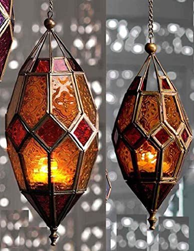 Moroccan Coloured Lantern Tea Light Tealight Holder Hanging Home Garden Gift Home Decor Lights (Amber & Red, Small)