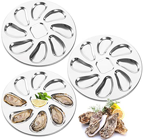 ZOOFOX 3 Stück Edelstahl Austern Teller, 25cm Runder Austernteller, 8 Schlitze Austern Grillpfanne für Austern, Sauce und Zitronen