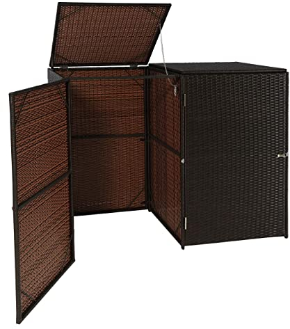 2x copribidoni box spazzatura rifiuti HWC-E25 66x130x110cm acciaio polyrattan marrone