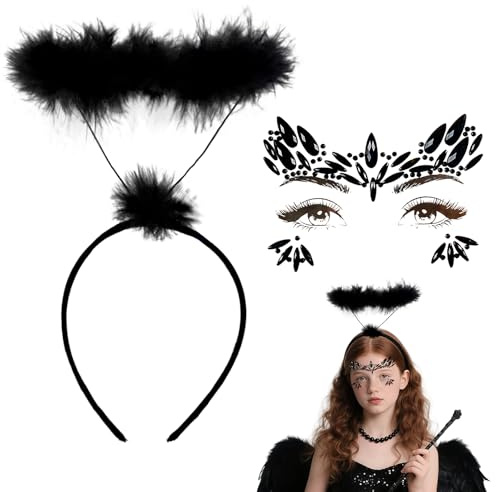 Sprinlot Heiligenschein Haarreif Schwarz, Glitzer Tattoo, Engel Kopfschmuck, Accessoire als Ergänzung zum Engel Kostüm Halloween Karneval ST-Home-A33-5