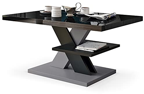 Viosimc Couchtisch Hochglanz Schwarz Grau, Moderner Wohnzimmertisch mit Regal, Beistelltisch mit schwarzer Hochglanz-Tischplatte, moderner schwarzgrauer Mitteltisch Wohnzimmertisch (Schwarz - Grau)