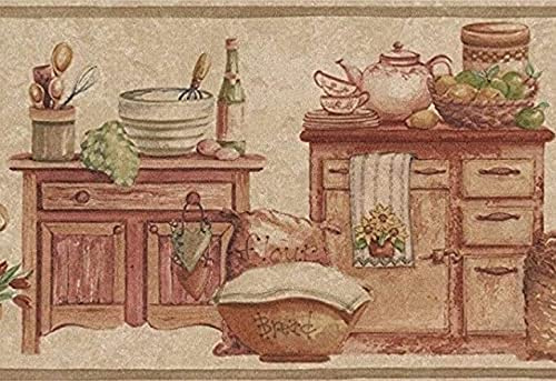 CONCORD WALLCOVERINGS ™ Wallpaper Border Kitchen Pattern Wooden Furniture Food Cookware Flowerpots Firewood in Baskets for Kitchen, Beige Brown Red Green,7 Inches by 15 Feet BT77728