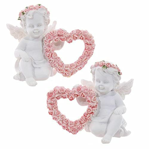 BSTCAR 2 Stück Harz Engel Figur mit Rosa Kranz und Herz - Innen Dekoration - 12x8x10cm