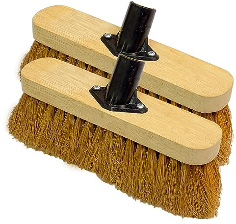 10” Soft Broom Head Only Indoor Outdoor Sweeping Brush with Natural Coco Bristles Broom Head Outdoor Durable Support Bracket for Cleaning Flat and Smooth Surfaces Decking and Paving Slabs (Pack of 2)