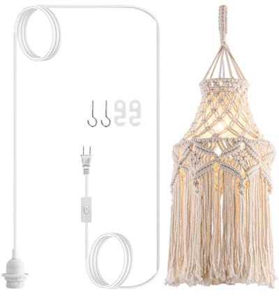 FLSFU Boho Plug in Pendant Light Macrame Lamp Shade, Hanging Lamp with Plug in Cord,On/Off Switch,Bohemian Hanging Light Fixtures That Plug Into Wall Outlet for Bedroom Decor Living Room