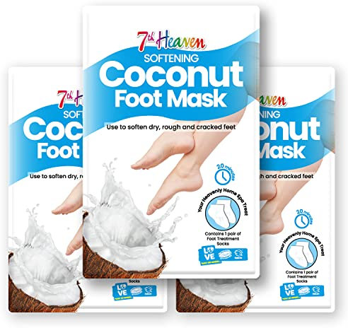 7th Heaven Foot Mask Multipack of 3 Moisturising Foot Treatment Socks – Softening & Nourishing Mask for Dry & Cracked Feet – Infused with Coconut & Shea Butter – At Home Spa Skincare